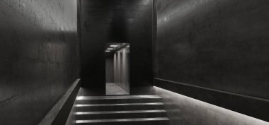 Bilimci Kurgu Parlak Karanlık Stüdyo Stüdyo Showroom Yansıtıcı Grunge Beton Parlak Oda Tüneli Boş Alan Arkaplanı 3D