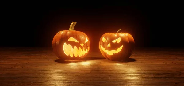 Halloween Jack Lanterns Velas Luces Cuerda Mesa Madera Render —  Fotos de Stock