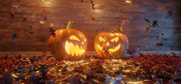 Halloween Jack Lanterns Velas Luces Cuerda Mesa Madera Render —  Fotos de Stock