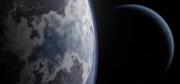 Panoramiczne Tło Planet Kosmicznych Panorama Odległego Układu Słonecznego Egzoplanetami Renderowanie — Zdjęcie stockowe