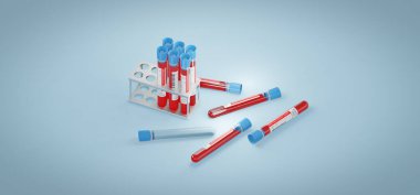 SARS-CoV-2 Omicron varyant kan testi, 3D görüntüleme, kan örnekleriyle dolu ampuller, masadaki koronavirüse.