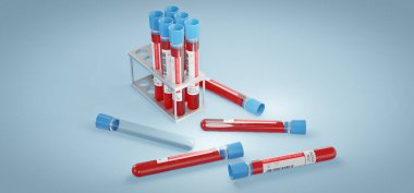 SARS-CoV-2 Omicron varyant kan testi, 3D görüntüleme, kan örnekleriyle dolu ampuller, masadaki koronavirüse.