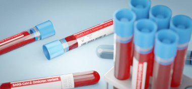 SARS-CoV-2 Omicron varyant kan testi, 3D görüntüleme, kan örnekleriyle dolu ampuller, masadaki koronavirüse.