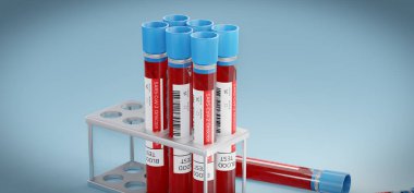 SARS-CoV-2 Omicron varyant kan testi, 3D görüntüleme, kan örnekleriyle dolu ampuller, masadaki koronavirüse.