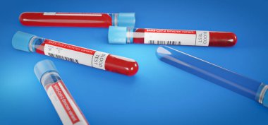 SARS-CoV-2 Omicron varyant kan testi, 3D görüntüleme, kan örnekleriyle dolu ampuller, masadaki koronavirüse.