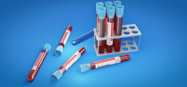 SARS-CoV-2 Omicron varyant kan testi, 3D görüntüleme, kan örnekleriyle dolu ampuller, masadaki koronavirüse.