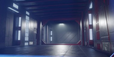 Bilim kurgu binasının koridorunda. uzay gemisi 3d görüntüleyici