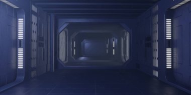 Bilim kurgu binasının koridorunda. uzay gemisi 3d görüntüleyici