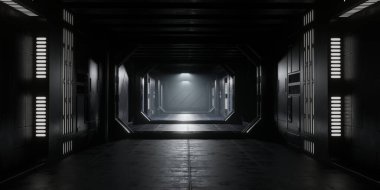 Bilim kurgu binasının koridorunda. uzay gemisi 3d görüntüleyici