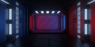 Bilim kurgu binasının koridorunda. uzay gemisi 3d görüntüleyici