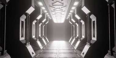 Bilim kurgu binasındaki tünelin koridorunda ışık var.