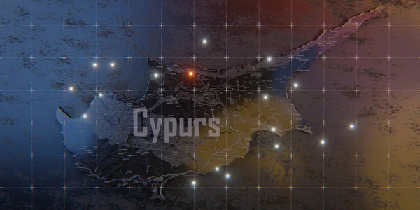 Cyprus map with cities. Luminous dots - neon lights on dark background. 3d render illustration.