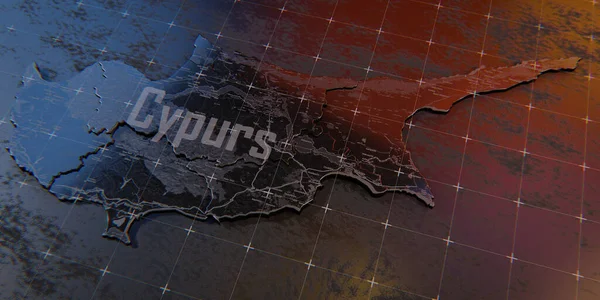 Cyprus map with cities. Luminous dots - neon lights on dark background. 3d render illustration.