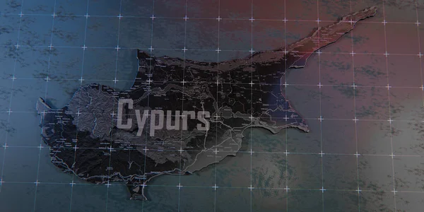 Cyprus map with cities. Luminous dots - neon lights on dark background. 3d render illustration.