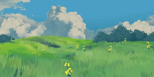 Landscape Summer Grass Bushes Anime Style — Foto Stock