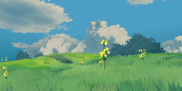 Landscape Summer Grass Bushes Anime Style — Stock Photo, Image