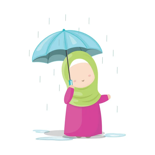 Gadis Muda Mengenakan Jilbab Dengan Payung Dalam Hujan Lucu Karakter - Stok Vektor