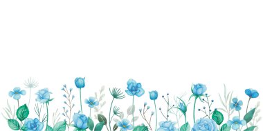 Mavi güller ve yeşil yapraklarla çiçek aranjmanı. Suluboya çiçek kompozisyonu çizimi.