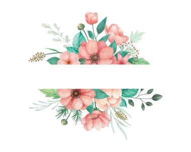 Çiçek suluboya mercan şakayıkları, tomurcuklar ve yeşil yapraklarla düğün davetiyesi. Beyaz arkaplanlı çiçek çerçevesi, dekoratif tasarım ögesi.