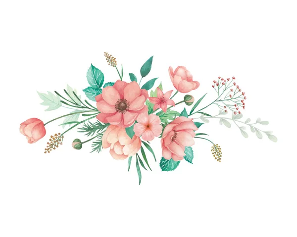Υδατογραφία Λουλούδια Illlustration Για Πρόσκληση Γάμου Κοραλλιογενείς Ανεμώνες Μπουμπούκια Και — Διανυσματικό Αρχείο