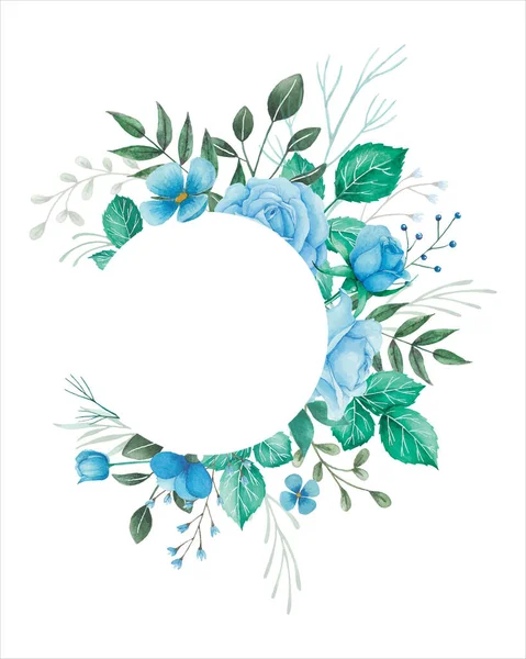 Aquarellblumen Zur Illustration Der Hochzeitseinladung Mit Blauen Rosen Knospen Und — Stockvektor