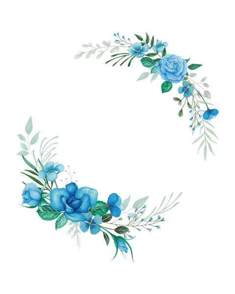 Aquarellblumen Zur Illustration Der Hochzeitseinladung Mit Blauen Rosen Knospen Und — Stockvektor