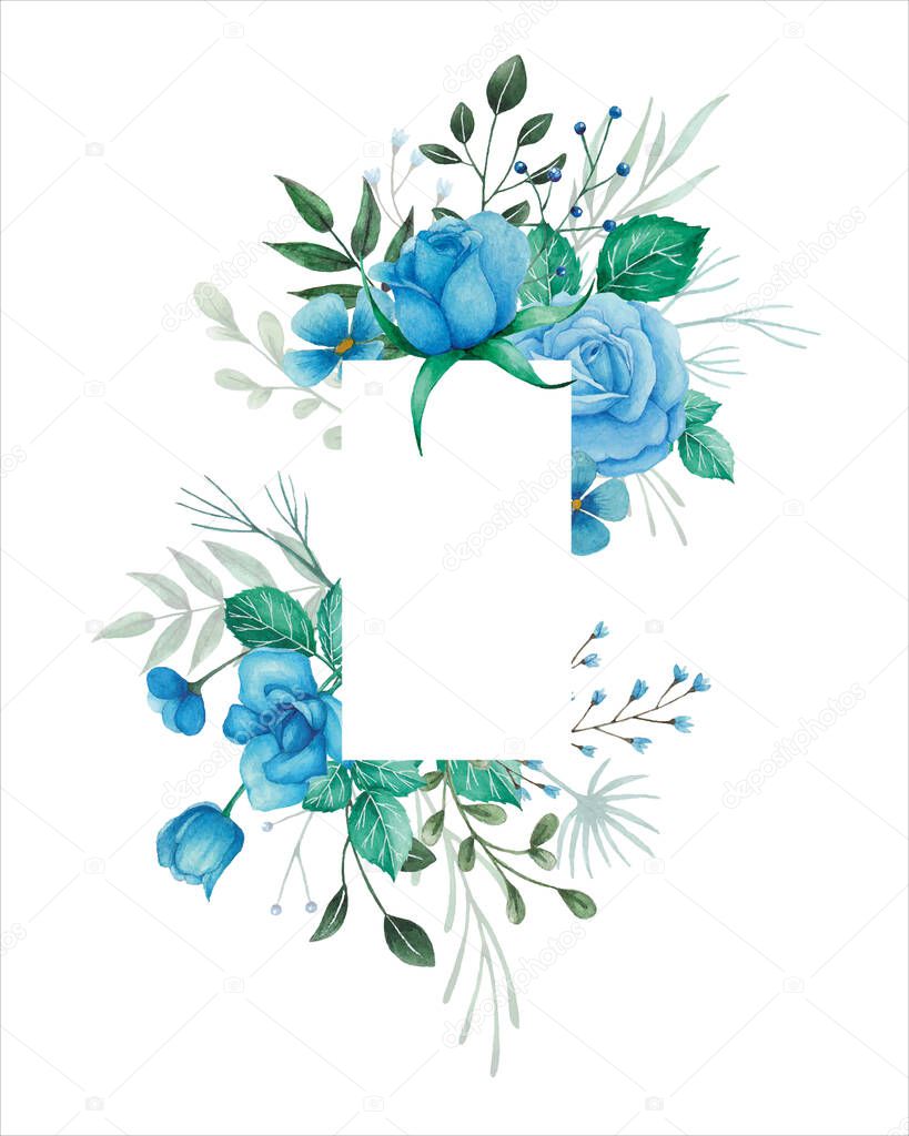 Watercolor flowers illlustration for wedding invitation with blue roses, buds and green leaves. Flower frame with white background, decorative design element.