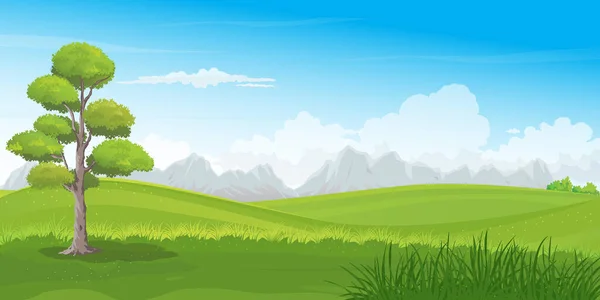 Nature Landscape Green Meadow Mountain Range Cloudy Blue Sky Background — 스톡 벡터