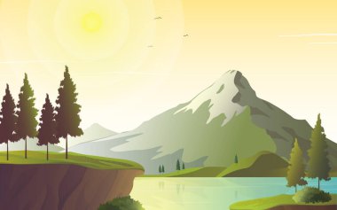 Güneş ışığı ve dağ vektörü illüstrasyonlu göl manzarası.