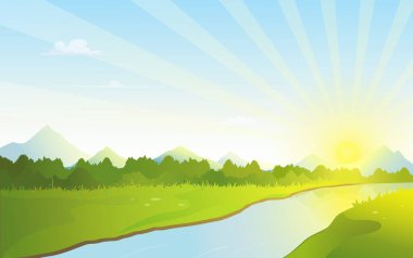 Mountains, sunrise and river view, nature landscape of riverside during sunrise on horizon, mountains and river scenery vector illustration.