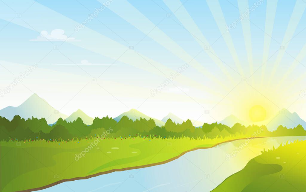 Mountains, sunrise and river view, nature landscape of riverside during sunrise on horizon, mountains and river scenery vector illustration.