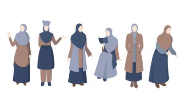 Gündelik kıyafetler giyen Müslüman kadın ve tesettür vektörü çizimi.