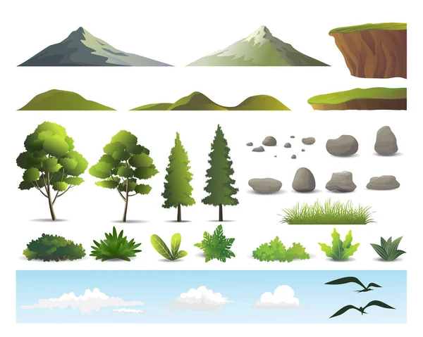 Set Mountains Hills Cliffs Stones Tree Bushes Birds Clouds Nature — Image vectorielle