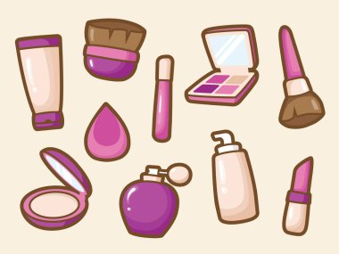 Makeup kit set, illustration of individual makeup kit and cosmetic cute cartoon style for sticker, banner and decorative design element.