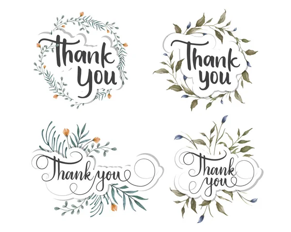 Thank You Script Decorated Watercolor Floral Illustration — Wektor stockowy