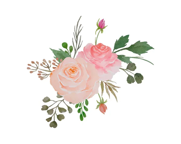 Σύνθεση Λουλούδια Ακουαρέλας Απεικόνιση Λουλουδιών Μπουκέτο Τριαντάφυλλα Και Πράσινα Φύλλα — Διανυσματικό Αρχείο