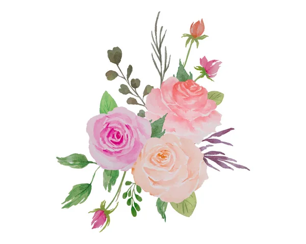 Σύνθεση Λουλούδια Ακουαρέλας Λουλουδάτο Μπουκέτο Τριαντάφυλλα Και Πράσινα Φύλλα — Διανυσματικό Αρχείο