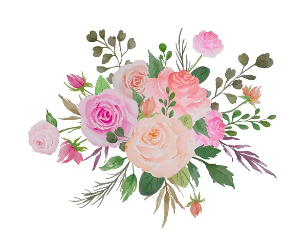 Aquarell Blumenstrauß Illustration Von Blumenarrangements Mit Rosen Und Grünen Blättern — Stockvektor