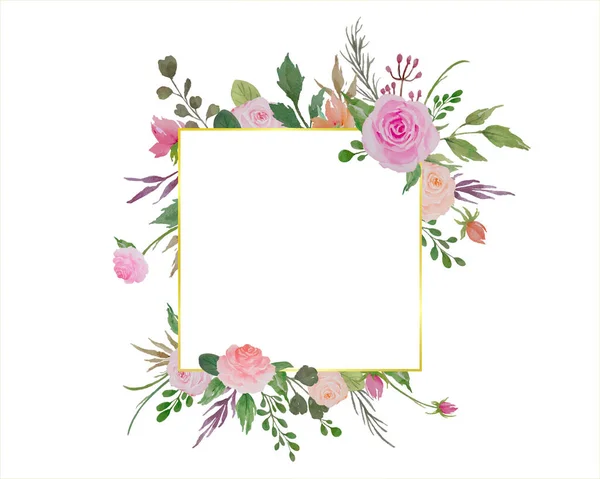 Υδατογραφία Floral Frame Απεικόνιση Των Συνόρων Λουλούδια Τριαντάφυλλα Και Πράσινα — Διανυσματικό Αρχείο