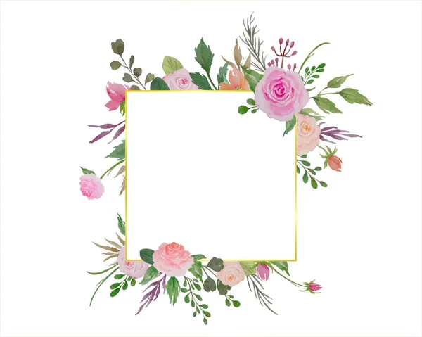 Aquarell Blumenrahmen Illustration Von Blumen Rand Mit Rosen Und Grünen — Stockvektor