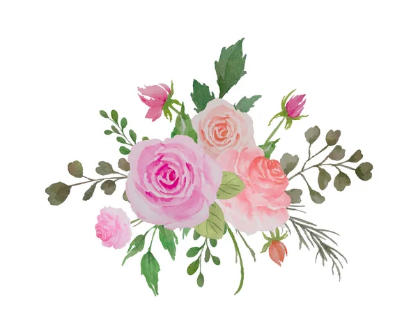 Μπουκέτο Λουλούδια Ακουαρέλας Ανθική Σύνθεση Τριαντάφυλλα Και Πράσινα Φύλλα — Διανυσματικό Αρχείο