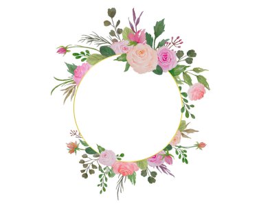 Güller ve yeşil yapraklarla suluboya çiçek çerçevesi.