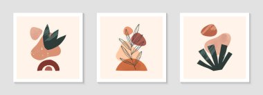 Çağdaş soyut vektör illüstrasyonları, çeşitli organik şekillere ve yeşillik çizgisine sahip. Boho suluboya duvar sanatı dekorasyonu. Sanatsal tasarımlar pankartlar için mükemmel. Sosyal medya, davetiyeler, kapaklar.