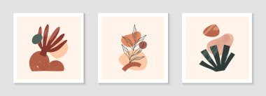 Çağdaş soyut vektör illüstrasyonları, çeşitli organik şekillere ve yeşillik çizgisine sahip. Boho suluboya duvar sanatı dekorasyonu. Sanatsal tasarımlar pankartlar için mükemmel. Sosyal medya, davetiyeler, kapaklar.