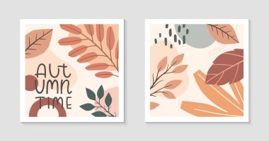Sonbahar, çeşitli organik şekillere, yeşilliklere ve harflere sahip soyut dekoratif baskılar seti - sonbahar zamanı. Orta dereceli sezonluk tasarım. Evrensel sanatsal afişler. Moda sonbahar vektör çizimleri.