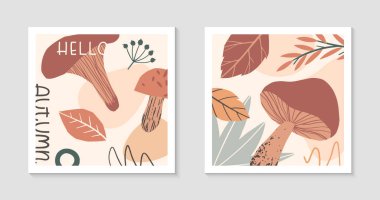 Çeşitli organik şekillere, yapraklara, mantarlara ve harflere sahip soyut sonbahar dekoratif baskılar seti. Merhaba sonbahar. Orta sınıf sezonluk tasarımlar. Evrensel sanatsal afişler. Moda sonbahar vektör çizimleri..