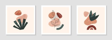 Çağdaş soyut vektör illüstrasyonları, çeşitli organik şekillere ve yeşillik çizgisine sahip. Boho suluboya duvar sanatı dekorasyonu. Sanatsal tasarımlar pankartlar için mükemmel. Sosyal medya, davetiyeler, kapaklar.