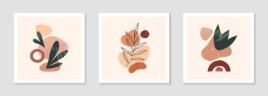 Çağdaş soyut vektör illüstrasyonları, çeşitli organik şekillere ve yeşillik çizgisine sahip. Boho suluboya duvar sanatı dekorasyonu. Sanatsal tasarımlar pankartlar için mükemmel. Sosyal medya, davetiyeler, kapaklar.