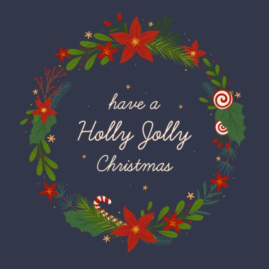 Noel ve Mutlu Yıllar Noel çelengi. Geleneksel kış bayramı sembolleri çizilmiş modern vektör düzeni. Pankartlar, davetiyeler, baskılar, sosyal medya için Xmas moda tasarımı..