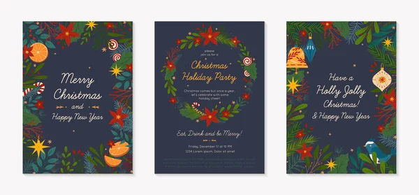 Christmas Happy New Year Greeting Banners Party Invitation Festive Vector — Stock Vector